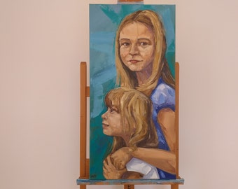 original oil painting on canvas,original artwork sisters portrait original paintings, unique handpainted oil painting