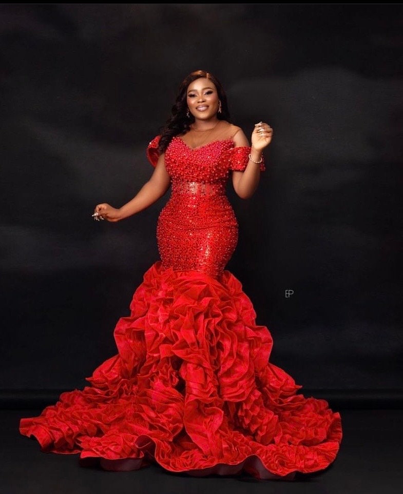 Red mermaid dress off the deals shoulder