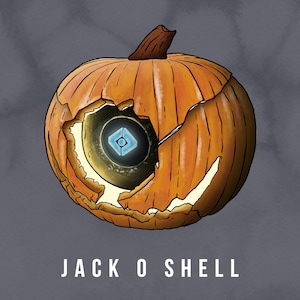May include: A carved orange pumpkin with a glowing blue and gold eye inside. The text "JACK O SHELL" is written below the pumpkin.