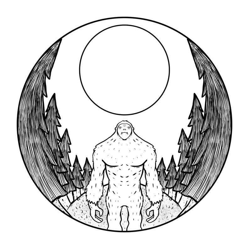 May include: A black and white illustration of a Bigfoot standing in a forest with a full moon behind him.