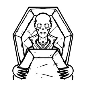 May include: A black and white line drawing of a vampire in a coffin. The vampire has fangs, large eyes, and a necklace. The coffin is closed.