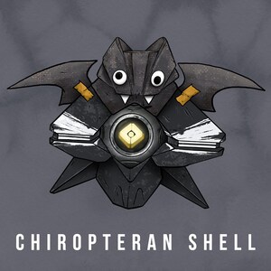 May include: A black and white illustration of a ghost with a bat-like face and wings. The ghost has a glowing yellow eye and is labeled "Chiropteran Shell".