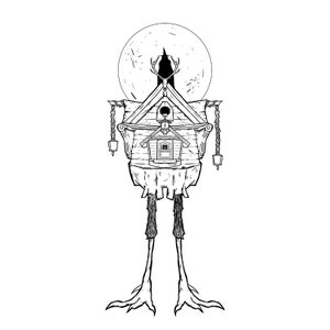 May include: A black and white illustration of a birdhouse with legs and a crow perched on top. The birdhouse has a small window and a roof with a pointed top. The crow is facing forward with its wings spread out. The birdhouse is standing on a white background.