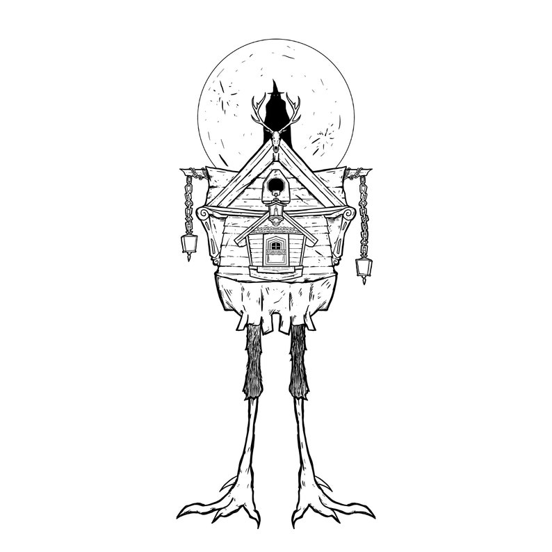 May include: A black and white illustration of a birdhouse with legs and a crow perched on top. The birdhouse has a small window and a roof with a pointed top. The crow is facing forward with its wings spread out. The birdhouse is standing on a white background.