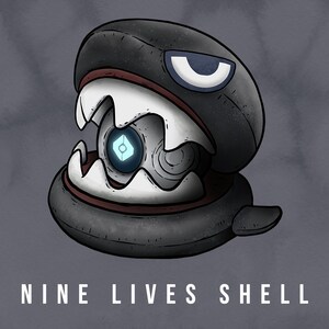 May include: A black and white cartoon illustration of a shell with a glowing blue eye and the text "NINE LIVES SHELL".