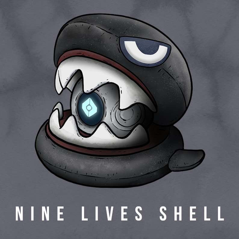 May include: A black and white cartoon illustration of a shell with a glowing blue eye and the text "NINE LIVES SHELL".