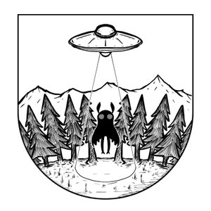 May include: A black and white illustration of a UFO hovering over a forest with a creature with large eyes in the center of the beam.