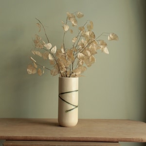 Handmade ceramic minimal design vase, Stoneware flower vase, White vase with green texture, Home decor,Modern unique decorative pottery vase