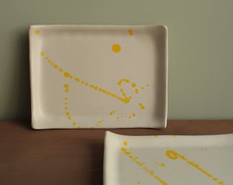 White platter with splashes, Handmade ceramic serving plate, Rectangular Cheeseplatter, Stoneware serving tray, Handmade dish