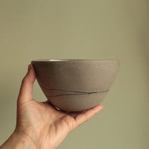 May include: A light gray ceramic bowl with a slightly textured surface and thin black lines running across the bottom. The bowl is being held in a hand.