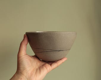 Handmade Grey Ceramic Bowl, Black Line Pottery Dinnerware, Stoneware Tableware, Ramen/Soup/Salad/Breakfast