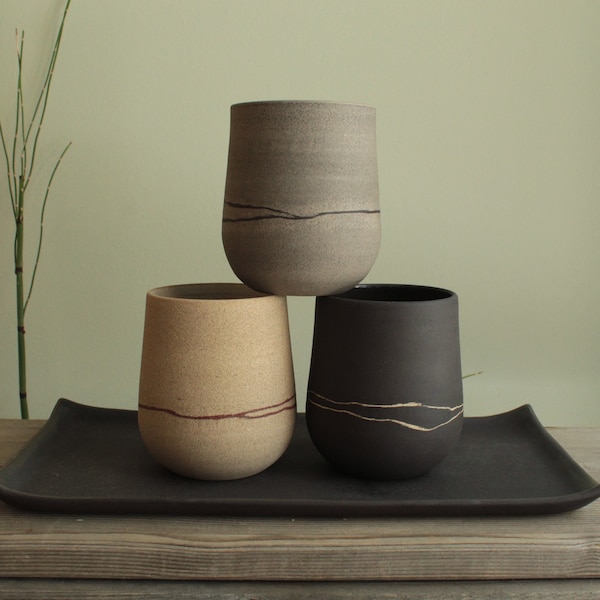 Set di 3 tazze da caffè, tazza da cappuccino, tazza in ceramica fatta a mano, tazza minimalista in gres, tazza in ceramica moderna, tazza da tè, nero/grigio/beige