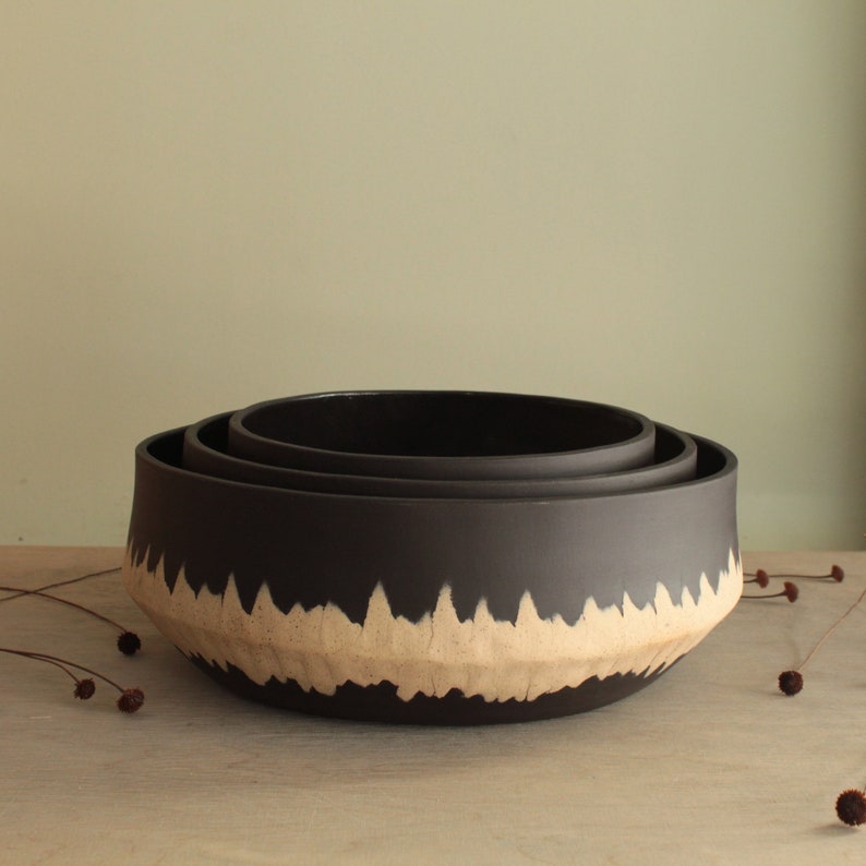 Large decorative/serving ceramic bowl with stripe, Handmade stoneware bowl, Big bowl, Black bowl, Home decor,Ceramic centerpiece, Salad bowl image 5
