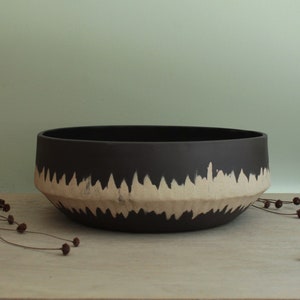 Large decorative/serving ceramic bowl with stripe, Handmade stoneware bowl, Big bowl, Black bowl, Home decor,Ceramic centerpiece, Salad bowl image 1