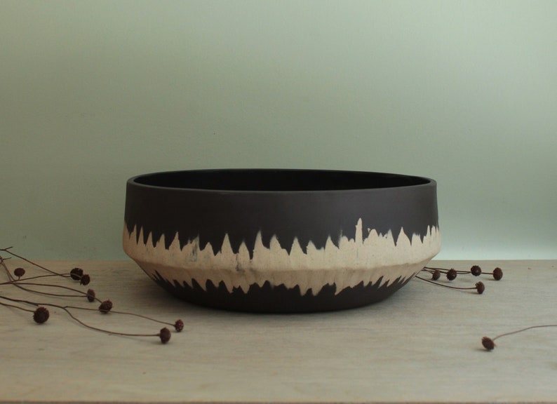 Large decorative/serving ceramic bowl with stripe, Handmade stoneware bowl, Big bowl, Black bowl, Home decor,Ceramic centerpiece, Salad bowl image 1