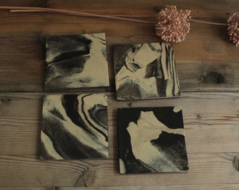 Set of 4 handmade ceramic coasters, Black and White ceramic coasters, Drink coasters, Stoneware square coasters, Modern kitchen homeware