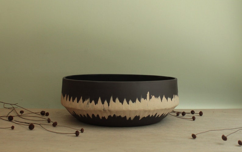 Large decorative/serving ceramic bowl with stripe, Handmade stoneware bowl, Big bowl, Black bowl, Home decor,Ceramic centerpiece, Salad bowl image 8