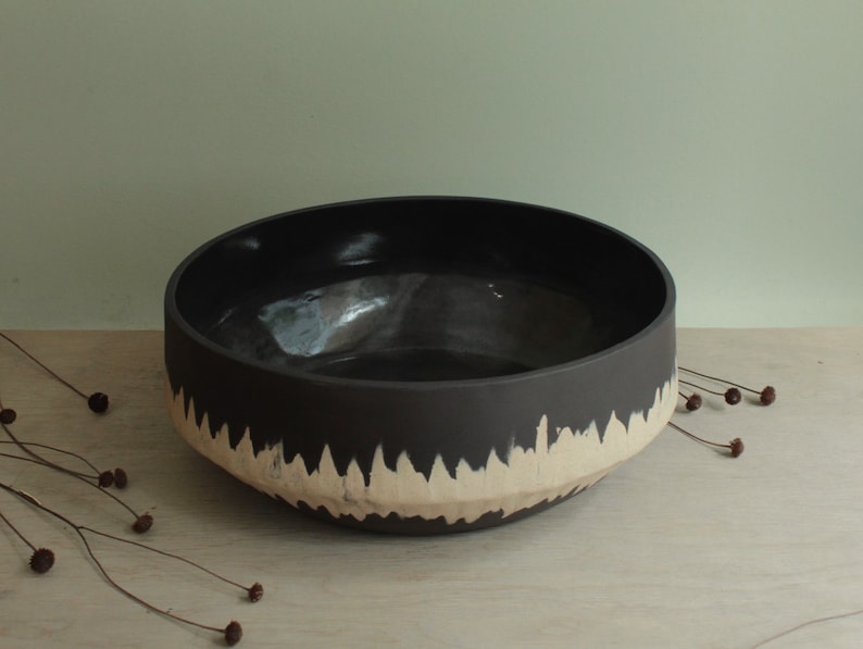 Large decorative/serving ceramic bowl with stripe, Handmade stoneware bowl, Big bowl, Black bowl, Home decor,Ceramic centerpiece, Salad bowl image 2