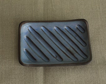 Blue handmade ceramic soap dish, Stoneware soap dish, Black and white soap dish, Soap tray