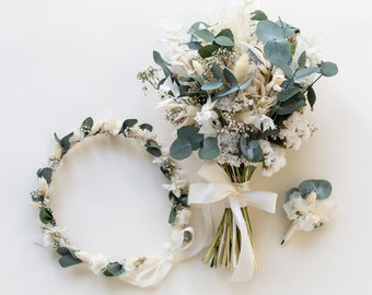 Ensemble de mariage de 2 ou 3 eucalyptus | Couronne de cheveux | bouquet de mariée | Insigne | Peigne - Pour les mariés