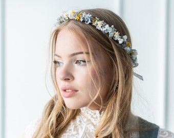Corona de pelo de flores secas | Cielo de la mañana | boda | Diadema | Novia | Pelo de corona de flores | tirolés | Accesorios para el cabello