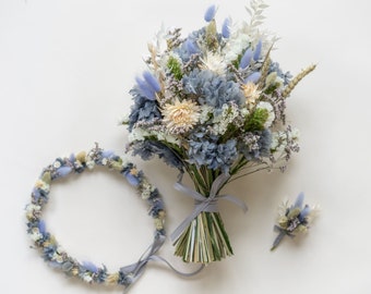 Wedding set of 2 or 3 blue | Hair wreath | Bridal bouquet | Pin | Hair comb - For bride & groom