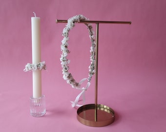 Corona de pelo de comunión | Toque blanco | Corona de velas | Flores secas | Chica | Pelo de corona de flores | Accesorios para el cabello | Corona de flores