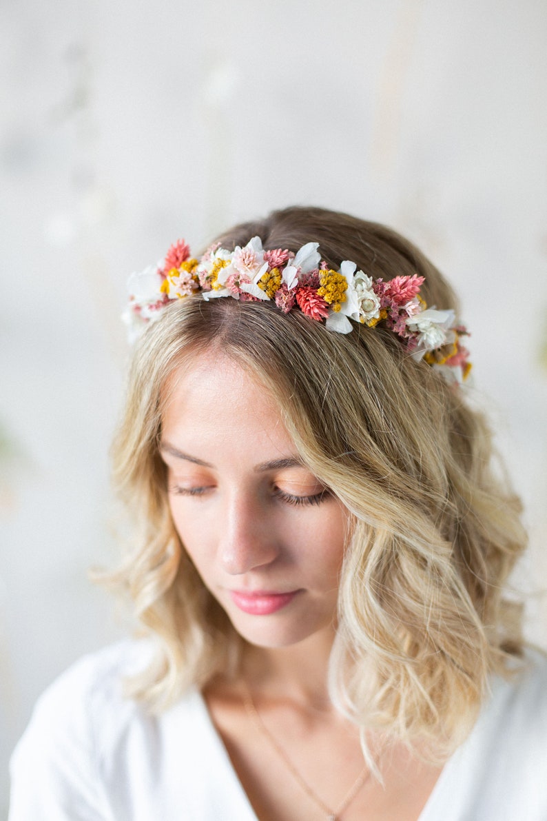 Hair wreath dried flowers Pink Flamingo wedding Bride Flower wreath hair Hair accessories Headband image 7