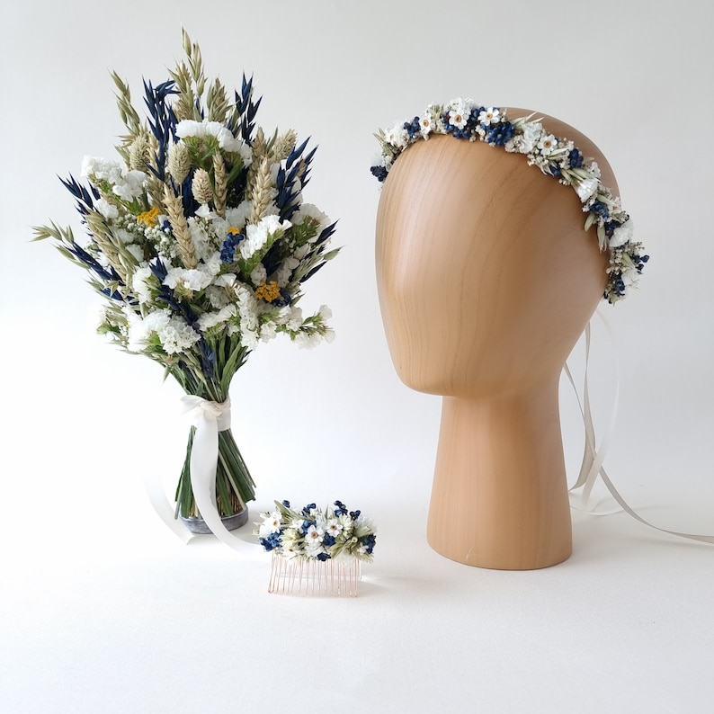 Hair accessories dried flowers Dark Blue Corn Hairpins Hair comb Bride Wedding image 6