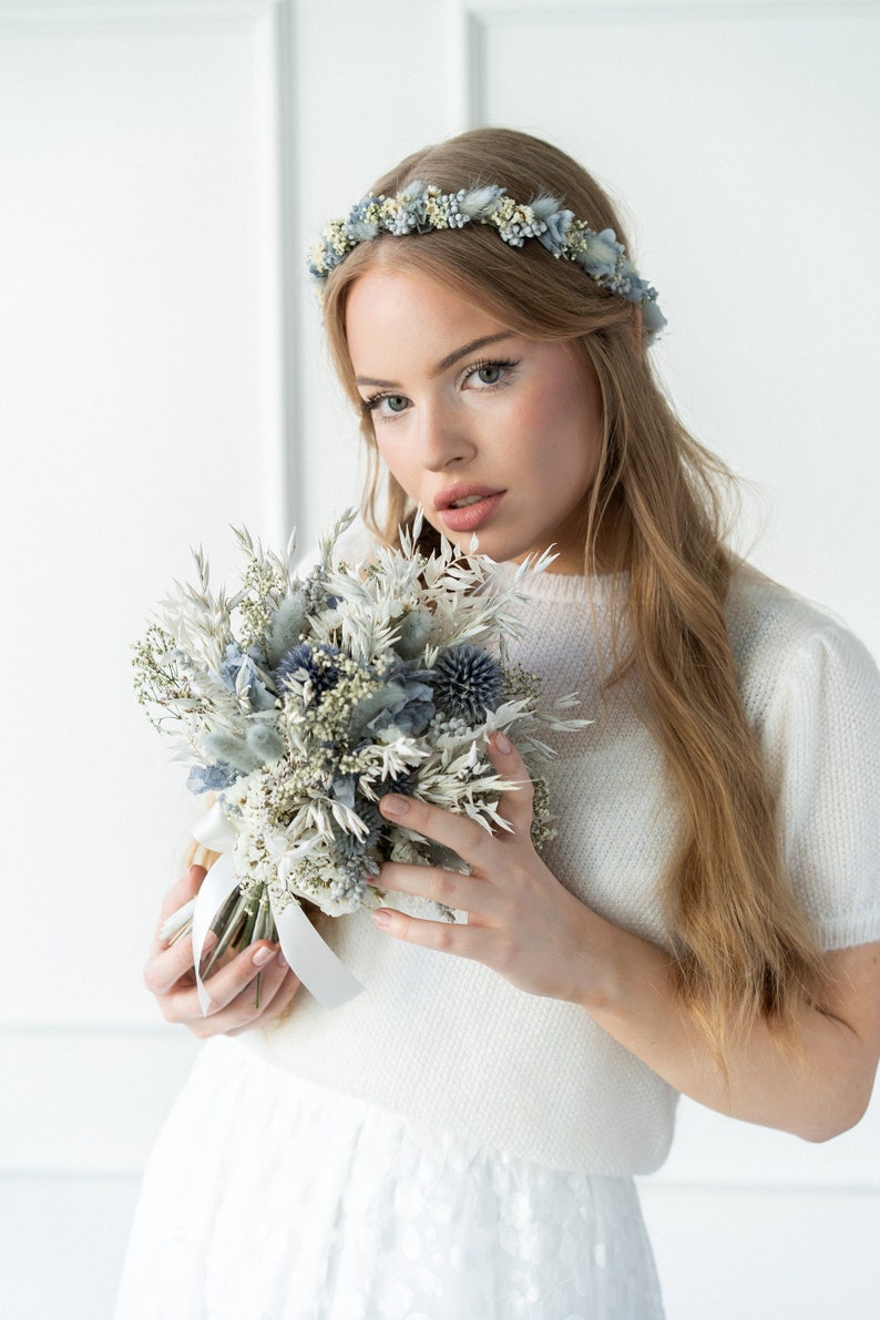 Hair accessories Hair wreath Headband Bridal bouquet Comb Dried flowers For bride Style Blue Ocean image 4