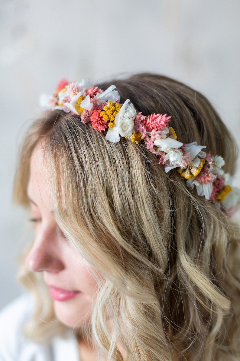 Hair wreath dried flowers Pink Flamingo wedding Bride Flower wreath hair Hair accessories Headband image 8