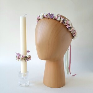 Corona de pelo de comunión Rosa suave Corona de velas Flores secas Chica Pelo de corona de flores Accesorios para el cabello Corona de flores imagen 1