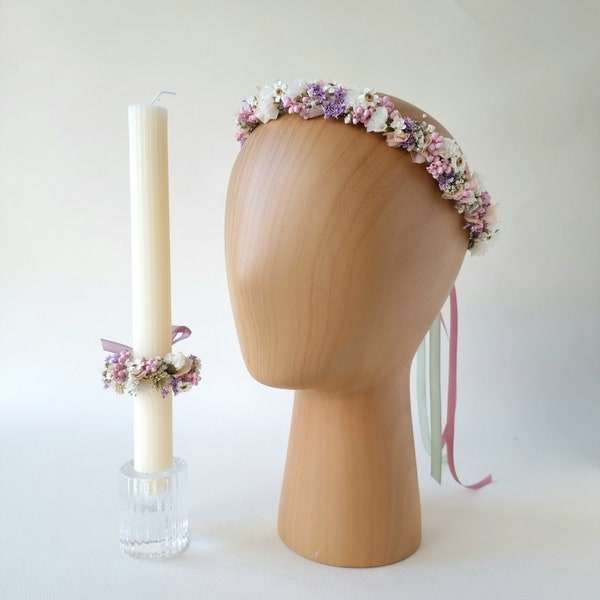 Ghirlanda per capelli da comunione | Rosa tenue | Ghirlanda di candele | Fiori secchi | Ragazza | Capelli ghirlanda di fiori | Accessori per capelli | Corona di fiori