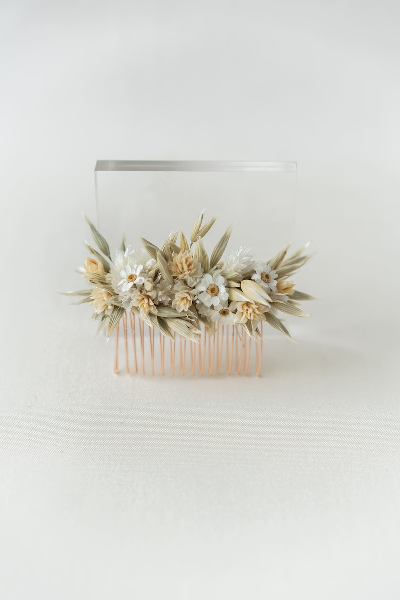 Peigne à cheveux fleurs séchées Douce Ann Accessoires pour cheveux Mariée mariage Vert blanc image 2