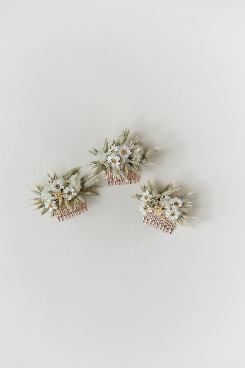 Peigne à cheveux fleurs séchées Douce Ann Accessoires pour cheveux Mariée mariage Vert blanc Mini: 3er Set