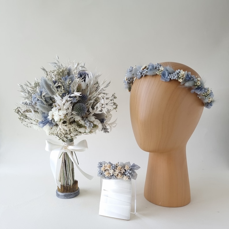 Accesorios para el cabello Corona de pelo Diadema ramo de novia Peine Flores secas Para la novia Estilo Océano Azul imagen 7