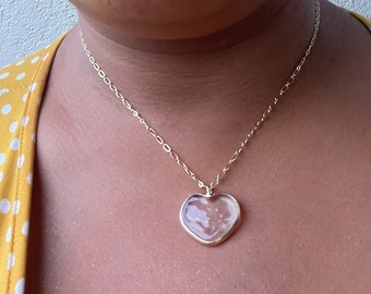 CLEAR GLASS NECKLACE/ Murano Glass Necklace/  Heart Necklace/ 18k Gold Plated Neckace/ Long Chain Necklace/ Gift for Her/ Gift for Mom