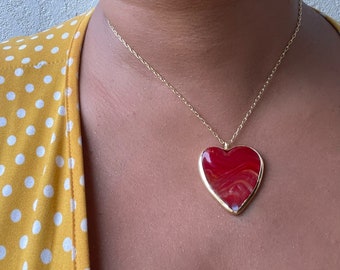 Heart Glass Necklace/ Murano Glass Necklace/ Red Heart Necklace/ Large Red Heart Necklace/ Gold Chain Necklace/ Long Chain Necklace