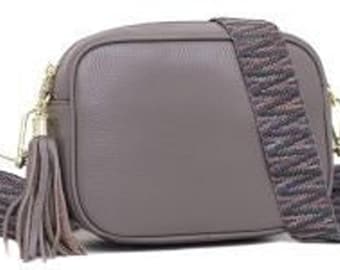 Grey Leather Crossbody Camera Bag: Tassel Zipper, Adjustable Strap