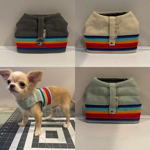 Può includere: Tre pettorine per cani con un design a strisce arcobaleno. Le pettorine sono di colore grigio, beige e verde chiaro. Le pettorine hanno una chiusura a fibbia e un piccolo cartellino metallico con la scritta "Small Paws".