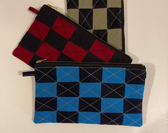 Cartera de bolsa con cremallera acolchada / / Patchwork a cuadros de dos colores