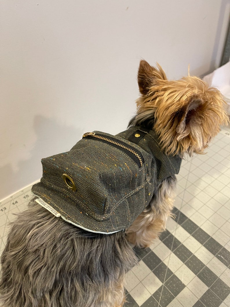 Pode incluir: Um c&atilde;o pequeno, marrom, vestindo um colete de ganga cinza e preto com um bolso com z&iacute;per e um ilh&oacute;s de lat&atilde;o. O colete tem uma bainha branca e o texto "FREEDOM EVERYWHERE" est&aacute; impresso na parte inferior.