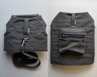 Kleiner Hund/Welpe/Teetasse Hundegeschirr Set oder Rucksackgeschirr // GRAU Baumwolltwill