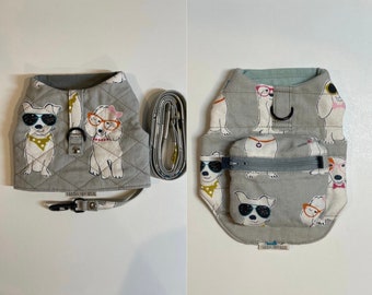 Kleiner Hund/Welpe/Teetassen Hund//Geschirr & Leine Set oder Rucksackgeschirr/Hunde mit Brillen Aufdruck