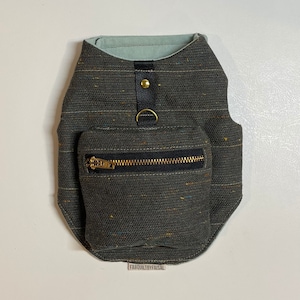 Pode incluir: Um arn&ecirc;s para c&atilde;o de cor verde escuro com um pequeno bolso com z&iacute;per e um anel de metal dourado. O arn&ecirc;s tem um forro de cor azul claro e um bot&atilde;o dourado.