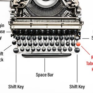 Puede incluir: Primer plano de un teclado de m&aacute;quina de escribir vintage. Las teclas negras tienen letras blancas, con una llamativa tecla de tabulaci&oacute;n roja. La imagen destaca la barra espaciadora, las teclas de may&uacute;sculas y la tecla de retorno.