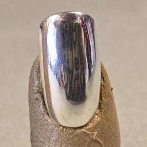 May include: A silver-colored ring with a rounded top, set on a textured, brown base. The ring reflects the surrounding environment. The base appears to be made of clay or a similar material.