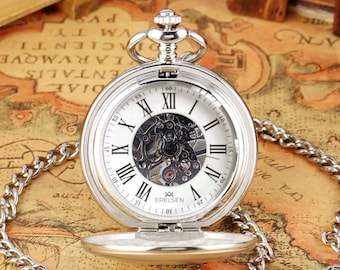 Brelsen Retro Matte Silver Mechanical Skeleton Pocket Watch