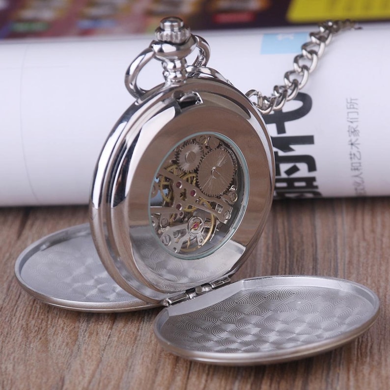 Vintage Royal Silver Double Hunter Mechanical Skeleton Pocket Watch image 2