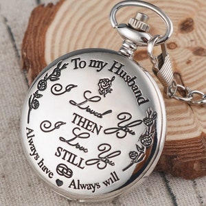 Vintage Silver To My Husband Quartz Roman Numeral Pocket Watch